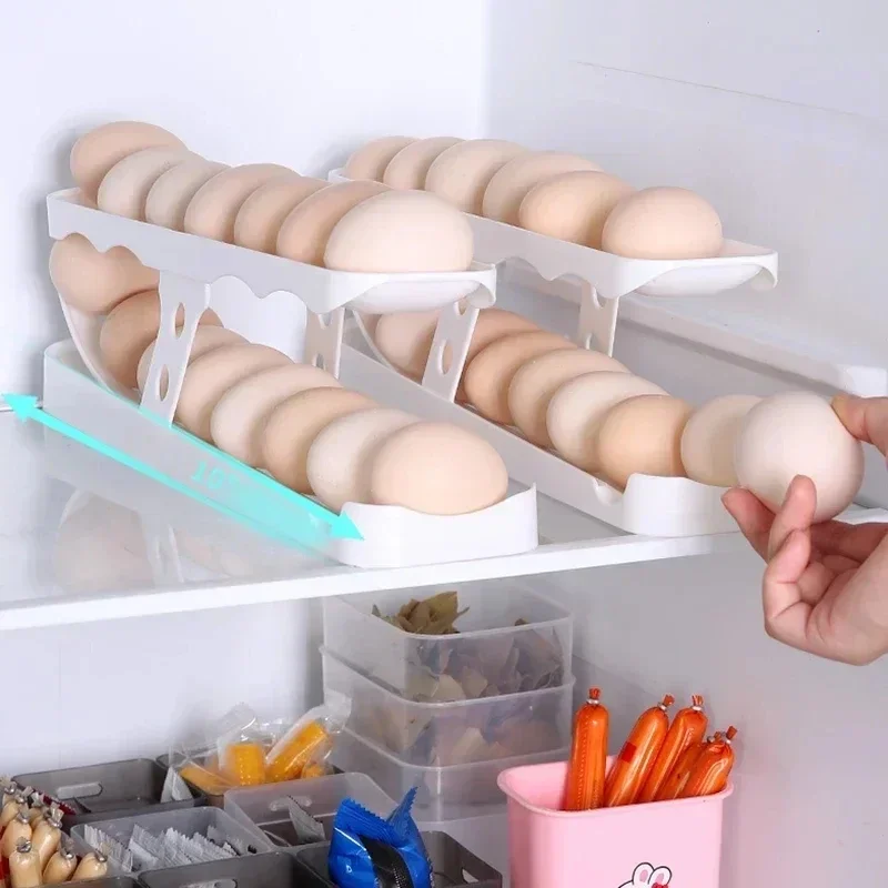 Automatic Scrolling Egg Rack Holder Storage Box Basket Container Organizer Rolldown Refrigerator Dispenser For Kitchen
