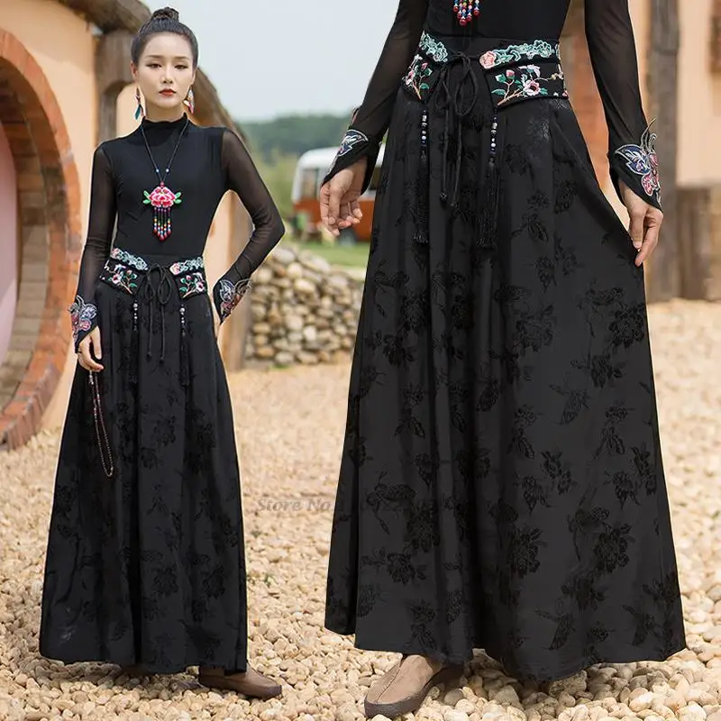 2023 national style harajuku vintage flower embroidered women skirt midi elastic waist casual loose skirt oriental vintage skirt