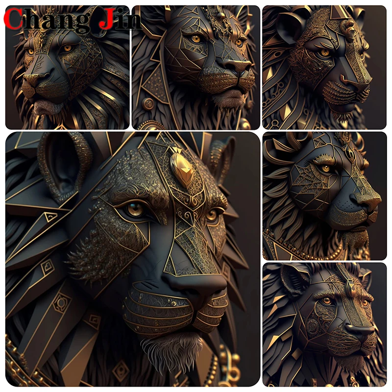 

Алмазная живопись 5D «сделай сам», вышивка крестиком из черных и золотых страз с изображением короля льва, мозаика для домашнего декора, подарки