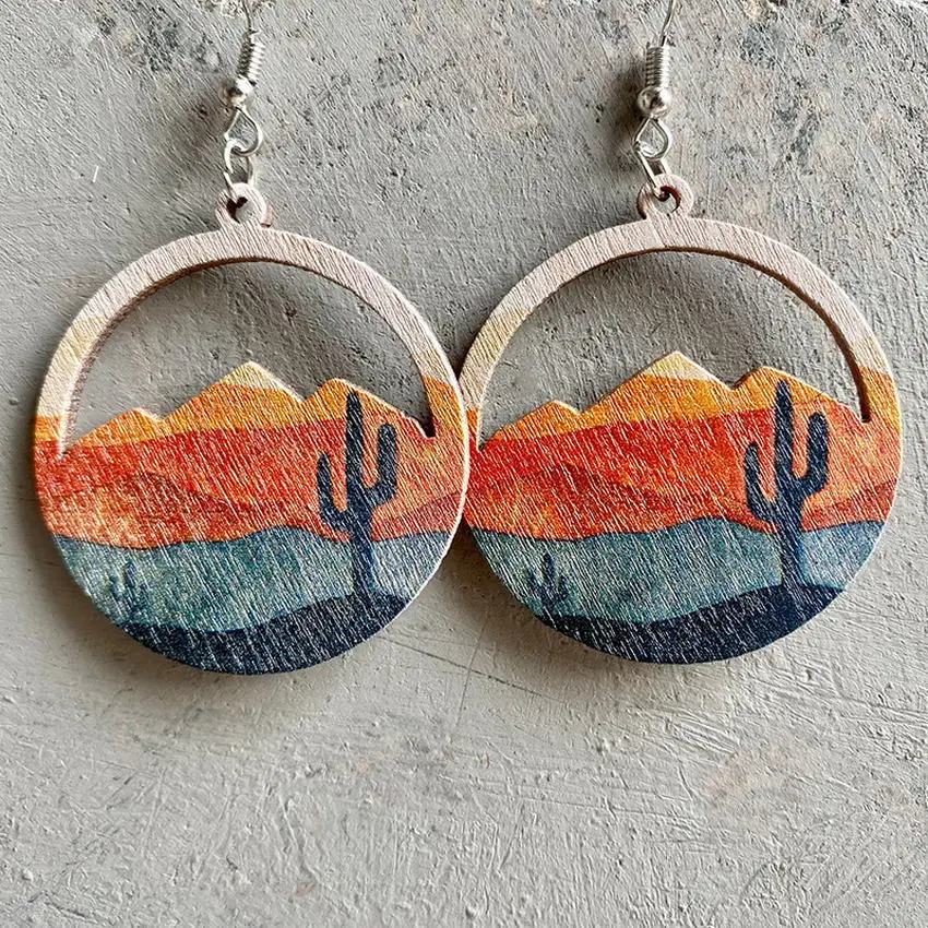 

Unique Gift for Her Laser Engraved Forest Mountain Wood Earrings Geometric Shape Wooden Lightweight Handmade Jewelry