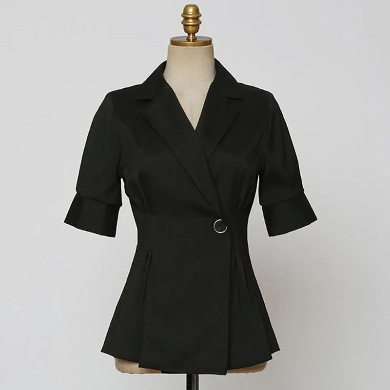 2021 Summer Ladies Elegant Temperament Short Pleated Short-sleeved Slim Single Button Fashion Small Suit Ladies Women Clothing