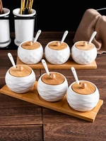 ceramic seasoning pot seasoning box wooden tray seasoning bottle sugar bowl household salt pan with spoon kitchen supplies