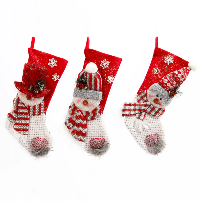 Set of 3 White Plush Snowman Christmas Stockings with 3 Different Styles