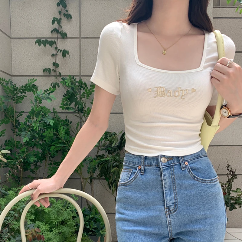 

2023 New Summer Fashion Women T-shirt Chic Spicy Girls Square Neck Tees Femme baby Embroidered Slim Short Sleeve Crop tops Mujer