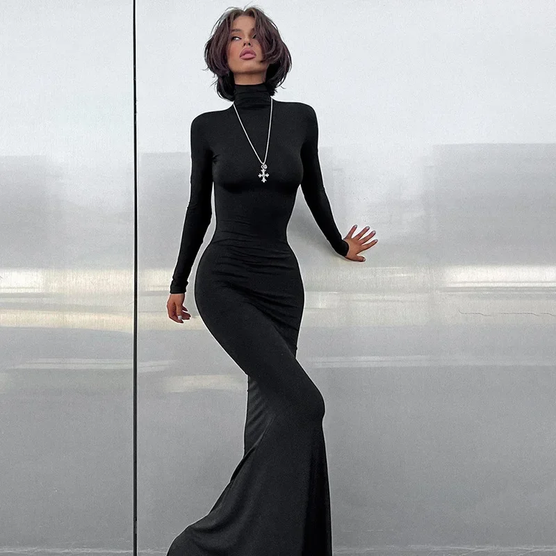 

Женское длинное облегающее платье-макси с длинным рукавом, однотонное облегающее платье-водолазка, Осеннее черное обтягивающее стрейчевое платье