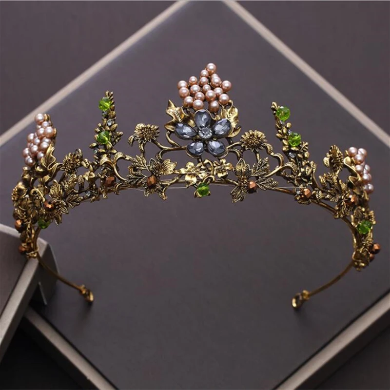 

Baroque Vintage Gold Crystal Flowers Beads Tiaras Crown Rhinestone Queen Crowns Wedding Hair Accessories Luxury Headband Diadem