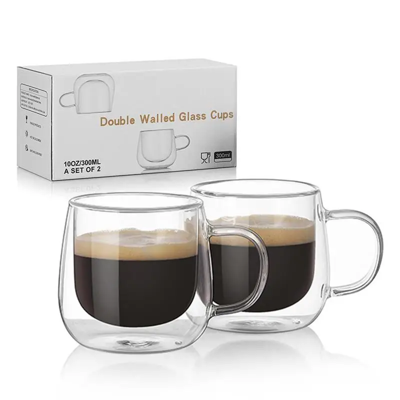 

10OZ Double Walled Glass Coffee Mugs With Handle Tea Latte Hot Beverage Wine Microwave Safe Clear Borosilicate Mugs