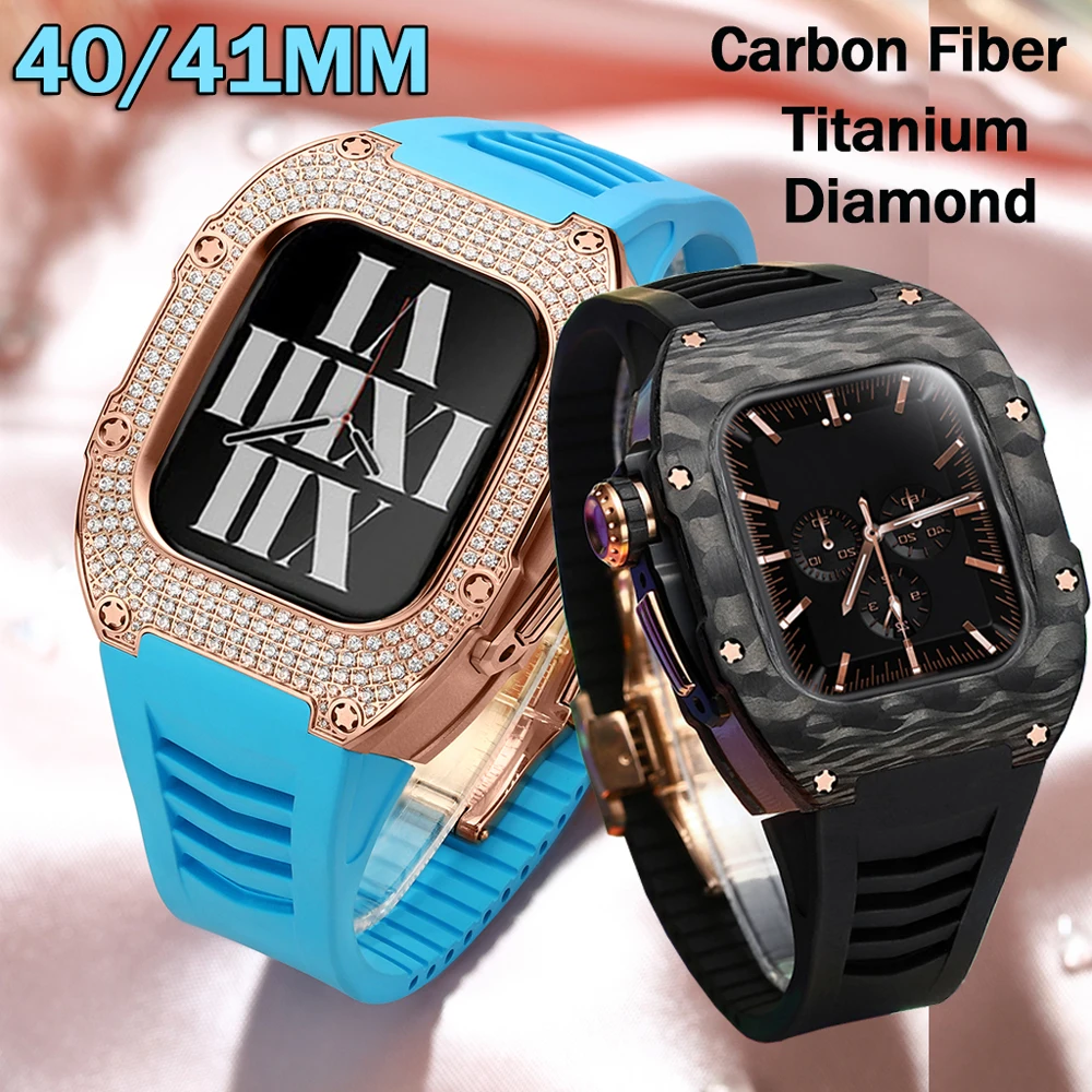

Luxury Mod Kit Carbon Fiber Case For Apple Watch Series 41mm 40mm Titanium Bezel For iWatch 9 8 7 6 5 4 SE Fluororubber Strap
