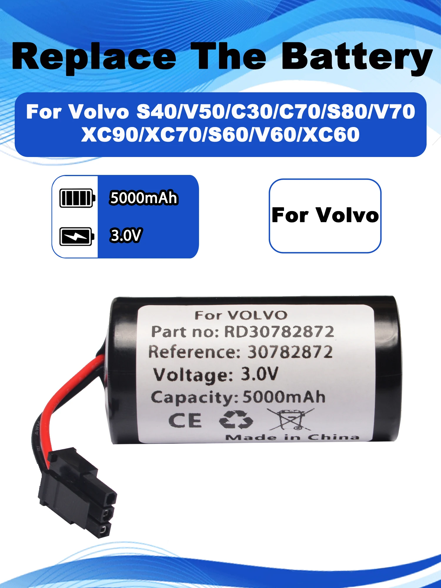 Фото Аккумулятор 3.0V RD 30782872 для замены в блоке управления Volvo On Call S40/V50/C30/C70/S80/V70/XC90/XC70/S60/V60/XC60 VCM Gateway №1