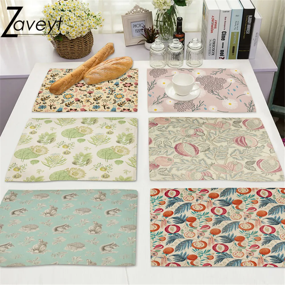 

Retro Nordic Style Cute Animal Plant Print Dinning Mat 1piece Floral Leaf Linen Placemat Banquet Kitchen Table Decor Cup Coaster