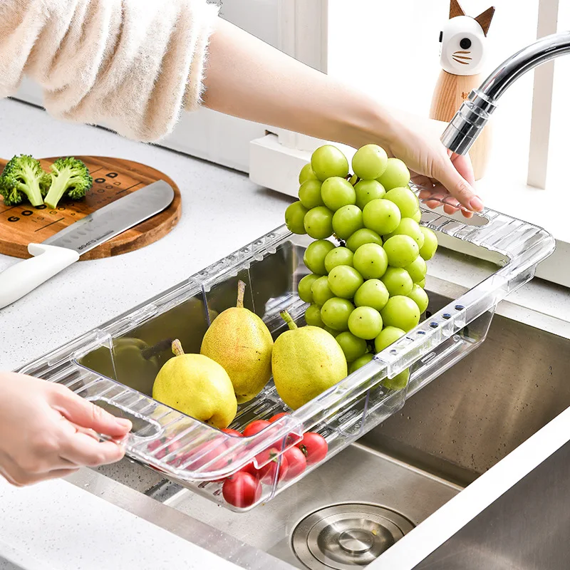 

Expandable Dish Drainer Drying Rack Over The Kitchen Sink Transparent vegetable storage rack Strainers for Kitchen Plastic