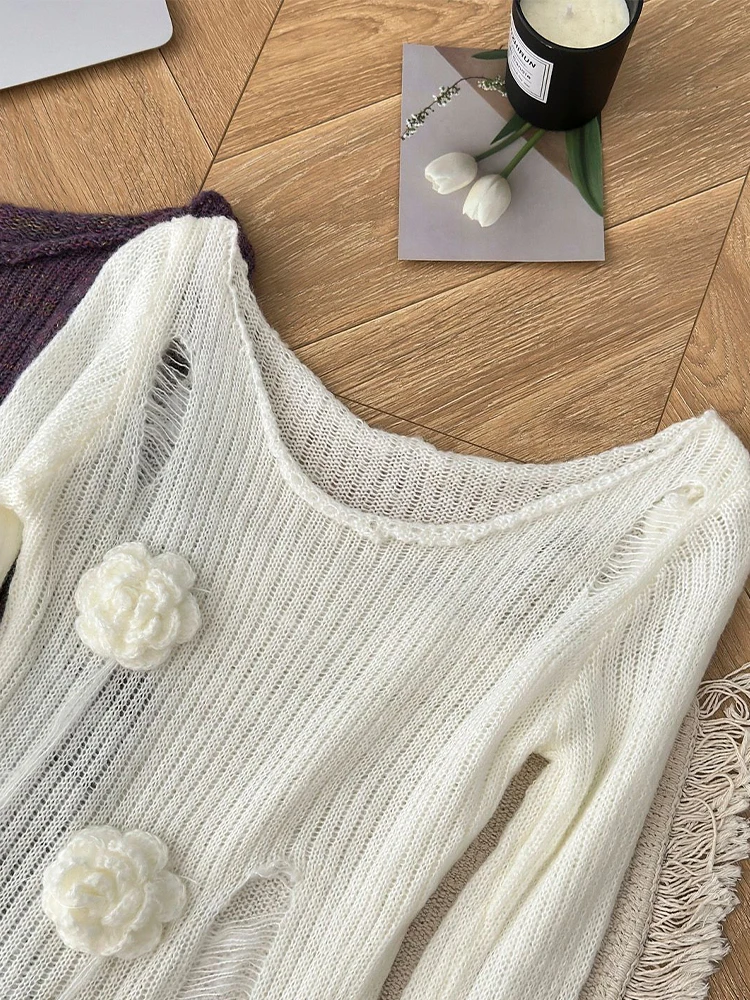 Женский фиолетовый пуловер рваный свитер в стиле Харадзюку вязаные свитера с