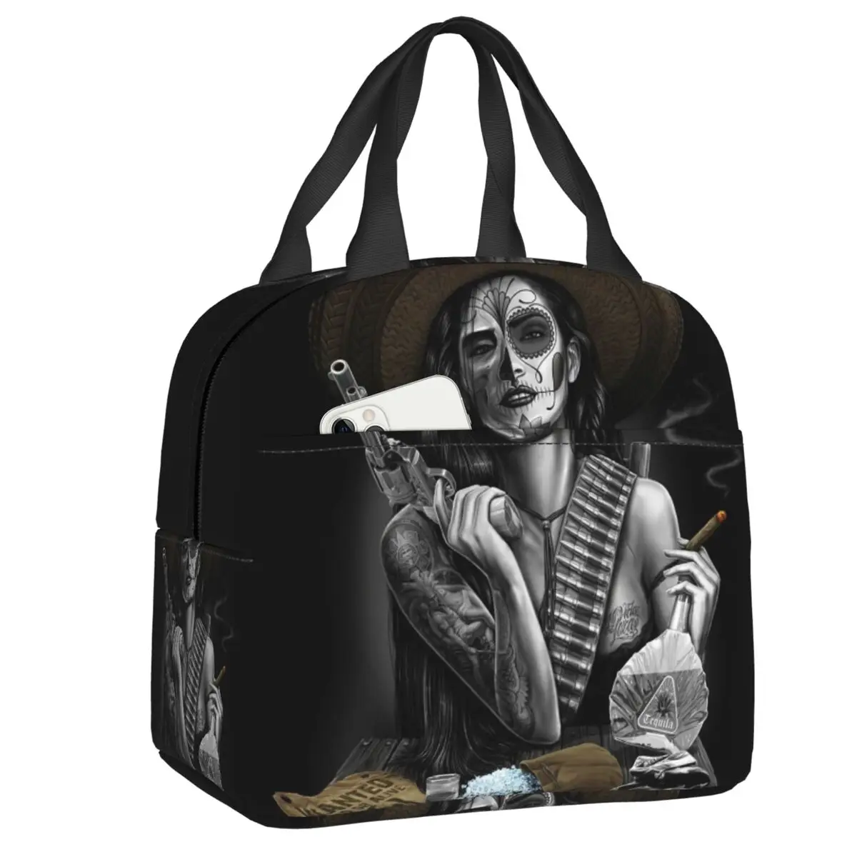 

Mexico Chicano Skull Insulated Lunch Bags for Women Day Of The Dead Girl Resuable Thermal Cooler Bento Box School