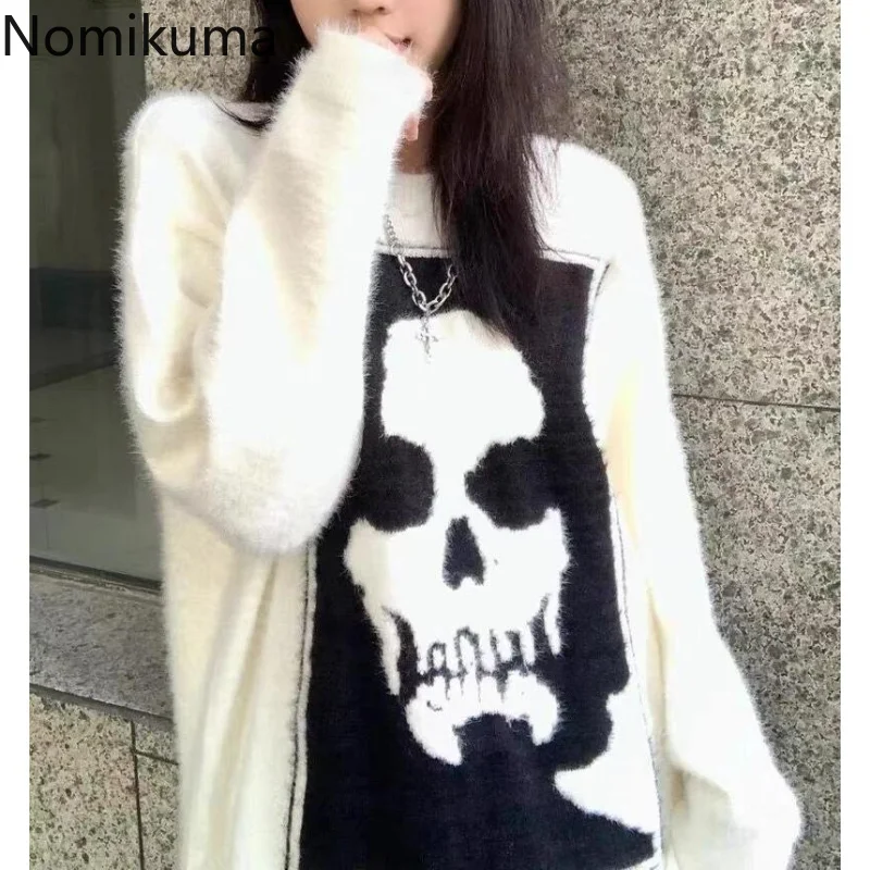

Nomikuma Sweater Women Autumn Winter Contrast Color Skull Jacquard Loose Y2k Streetwear Vintage Harajuku Fashion Womens Clothing