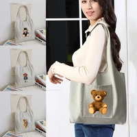 shopping bag foldable student canvas shoulder bag bear printed ladies shopper bag travel tote work handbag organizer