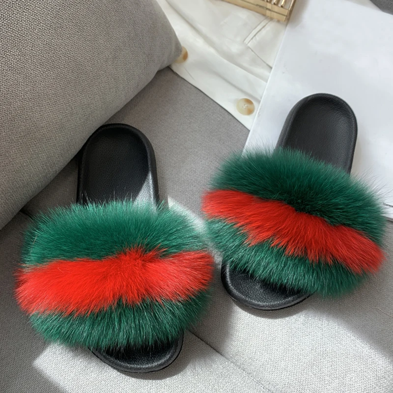 

Fluffy Slides Women Fur Slippers Real Fox Fur Slippers 2020 New Hot Sale Summer Slippers Home Flat Fur Flip Flops