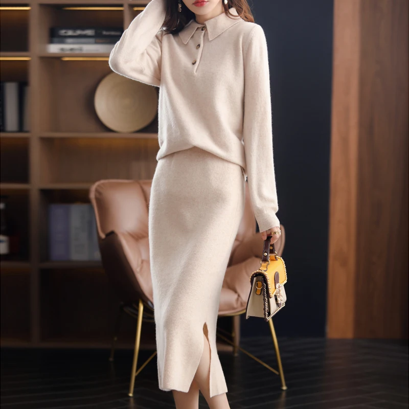 Korean Style New Cashmere Sweater Two-Piece Women's Autumn And Winter Top Lapel Pullover 100% Pure Wool Knit Long Skirt Set