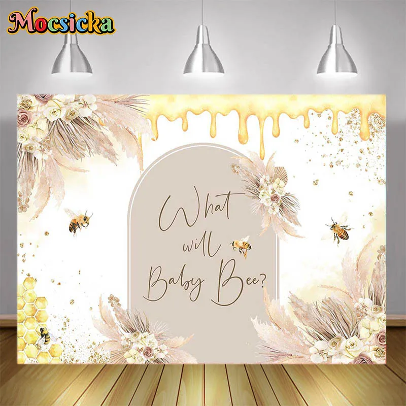 Newborn Baby Gender Reveal Party Decoration Background Bee Honey Golden Glitter Flower Decoration Backdrop Kids Photo Photozone