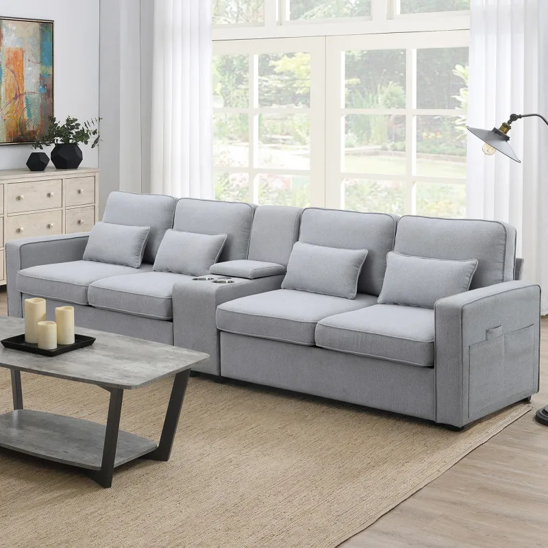 

Мягкий диван 114,2 дюйма с памятным журнальным столиком и 2 куклами, USB-портами, проводным или беспроводным зарядом, льняная ткань