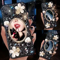3d makeup mirror black diamond gems rhinestone bling capa case for xiaomi poco x3 nfc x3 pro x3 gt x2 m2 pro m3 pro m4 pro f2 f3