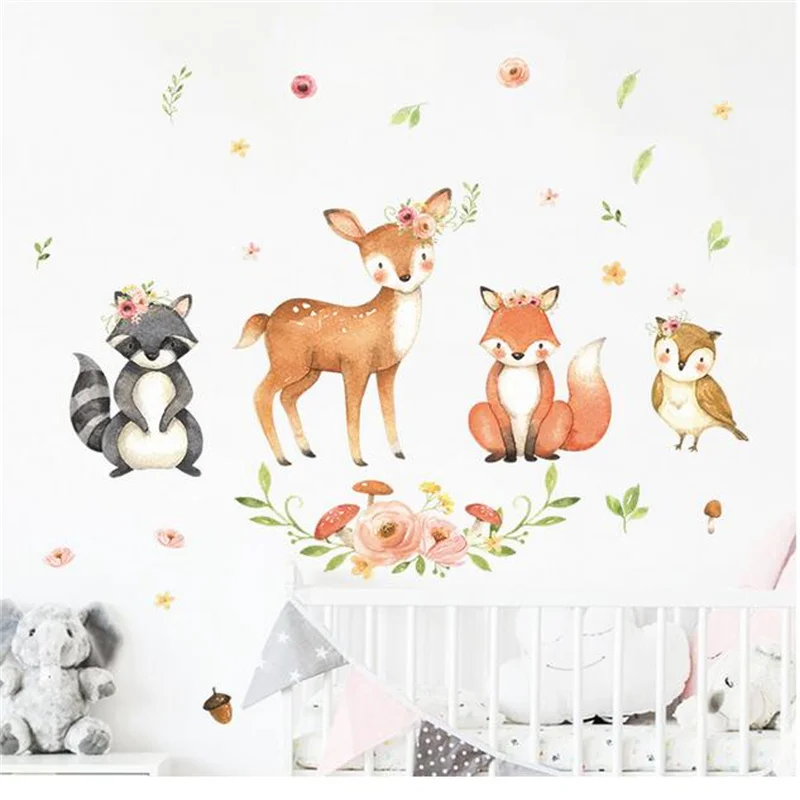 

Cartoon Animals Wall Stickers Kids Rooms Fawn Fox Raccoon Kids Wall Stickers Decals Wallpaper for Kids Room Baby Room Decoration