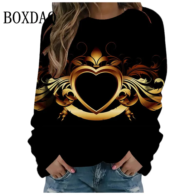 

Женская Винтажная футболка с длинным рукавом, свободная повседневная футболка большого размера с золотистым принтом сердца, осень 2022