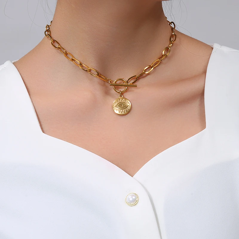 

Stainless Steel Evil Eye Toggle Necklace For Women Gold/Silver Color Metal Golden Color Evil Eye Pendant Necklaces Long Choker