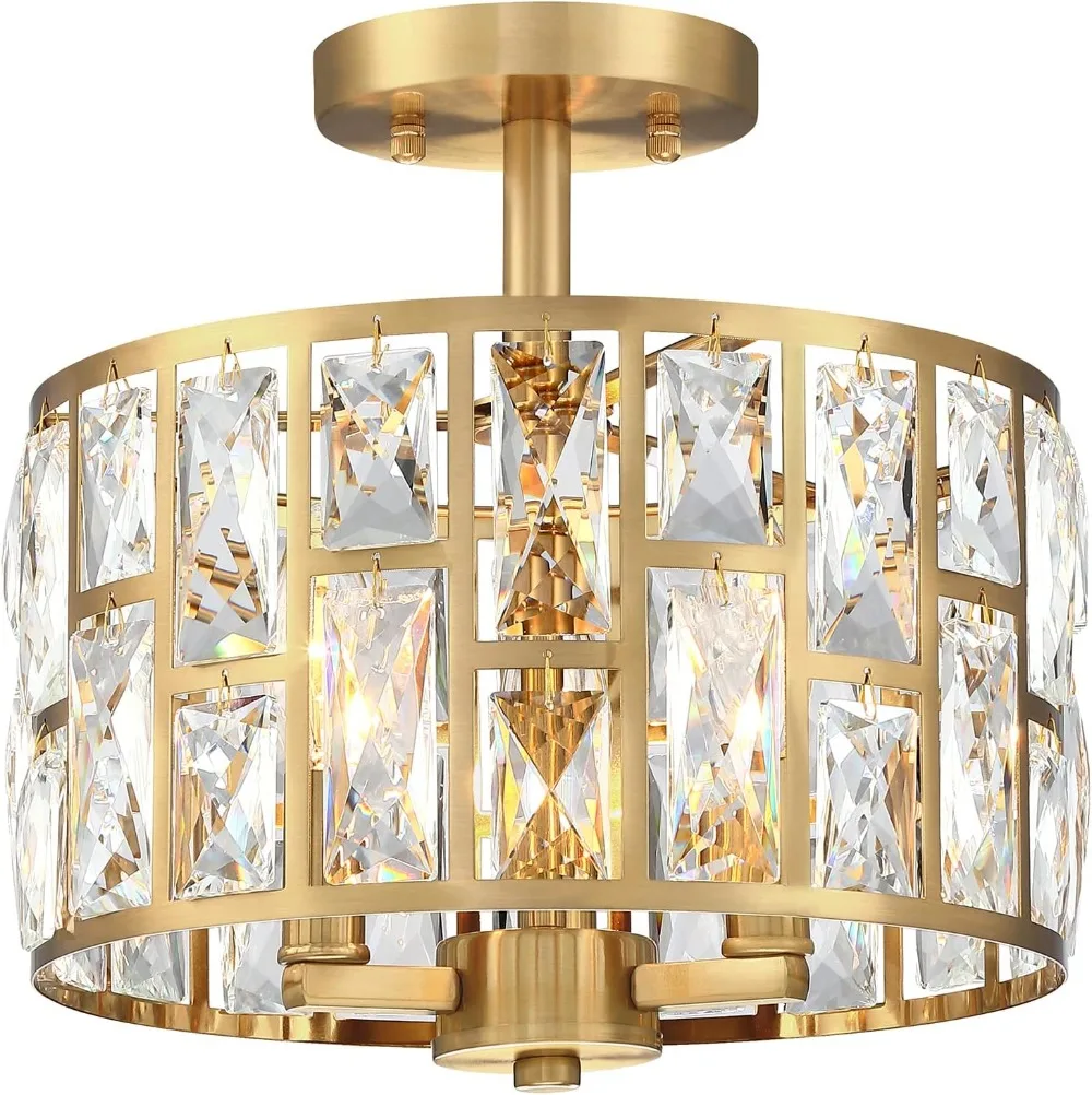 

Crystal Semi Flush Mount Ceiling Light Close to Ceiling Light Fixture, Cylinder Drum Shade Gold Finish 3LT Ceiling Lamp