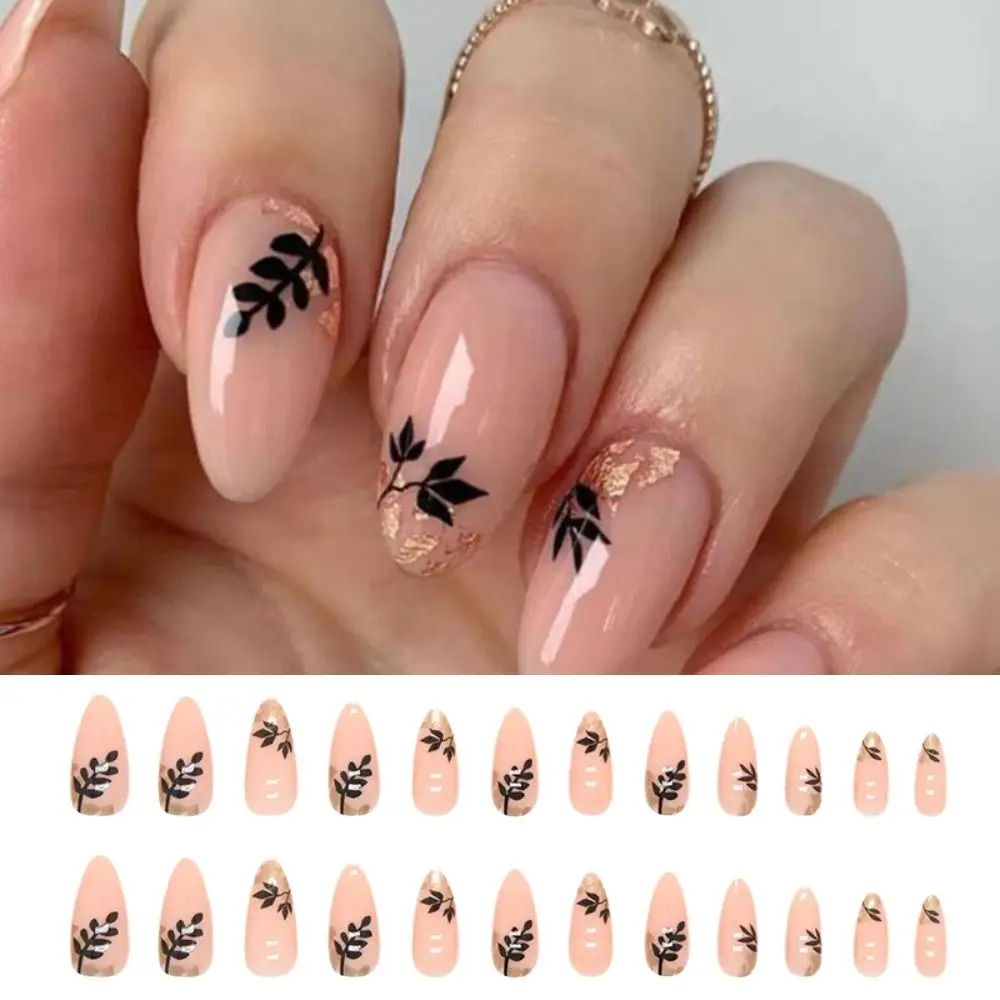

24pcs Nail Tips Full Cover Abstract Leaf DIY French Almond Long Fake Nails
