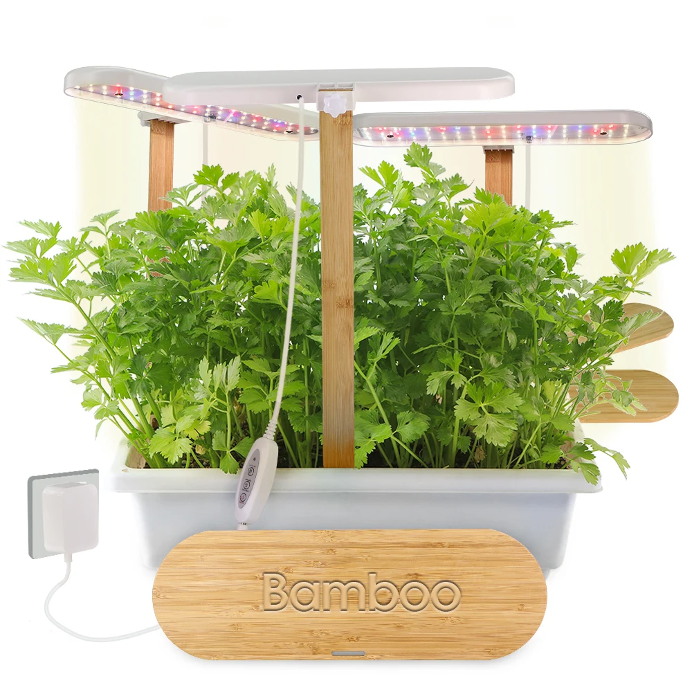 S Bamboo Tray Stake Adjustable Height 4 Dimmable Brightness Hydroponics System Indoor Garden