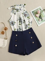 floral halter top with double button shorts