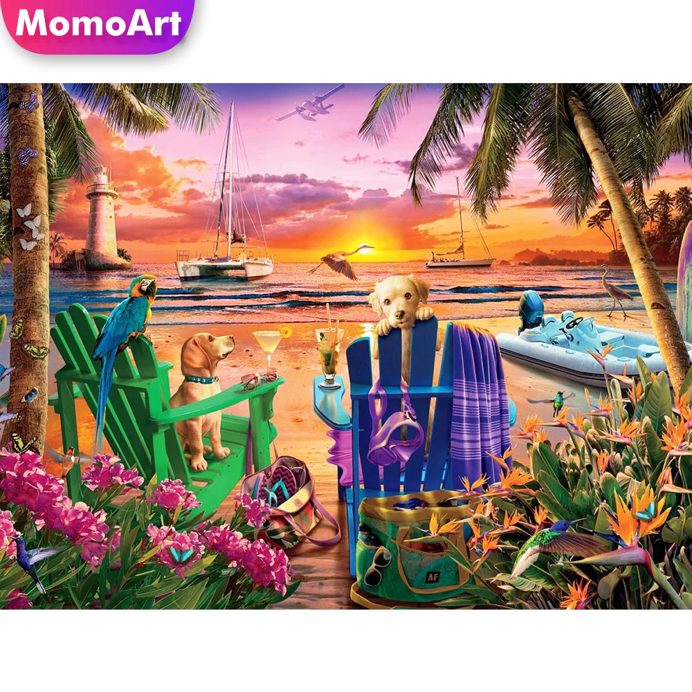 

MomoArt 5D DIY Diamond Embroidery Dog Cross Stitch Set Painting Seaside Landscape Needlework Boat Mosaic Sunset Wall Decor