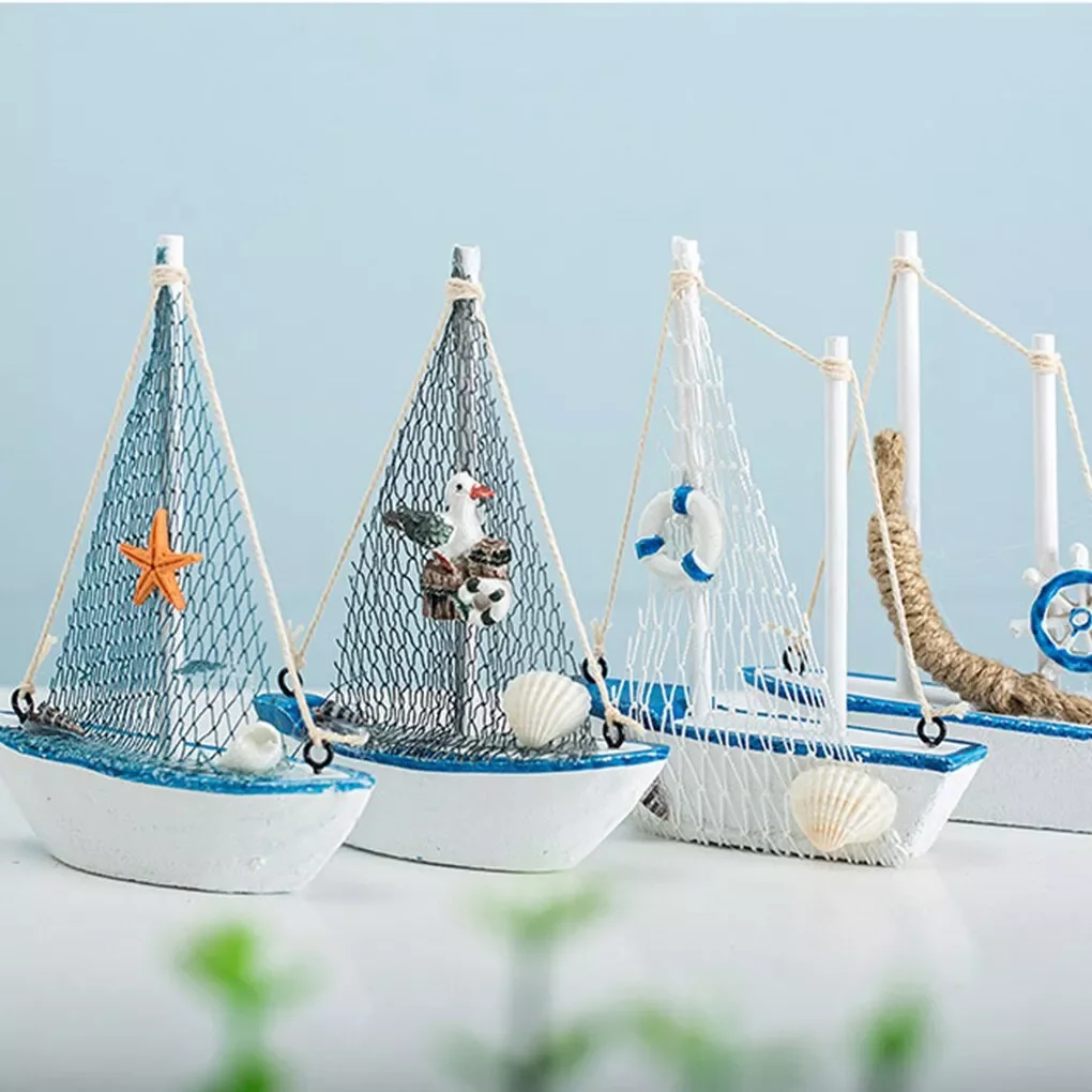 

1pc Mini Mediterranean Style Marine Nautical Wooden Blue Sailing Boat Ship Wood Crafts Ornaments Party Room Home Decoration