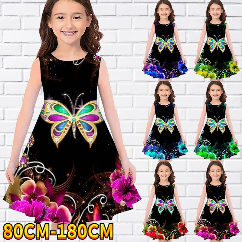 

Kids Little Girls Sleeveless Dress Girls Dress 3D Butterfly Print Daily Casual Cute Sweet Over Knee Sleeveless Dress 80-180CM