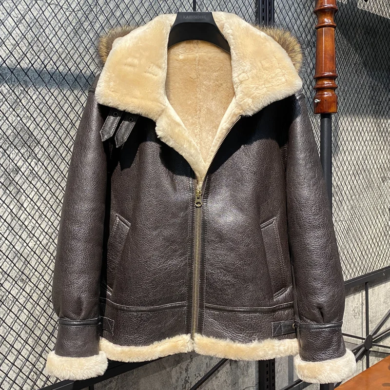 

OFF Shearling Sheepskin Genuine 63% Leather Coat Male B3 Bomber Jacket Aviator Outerwear Trench Flight Men Thick Winter Jacket