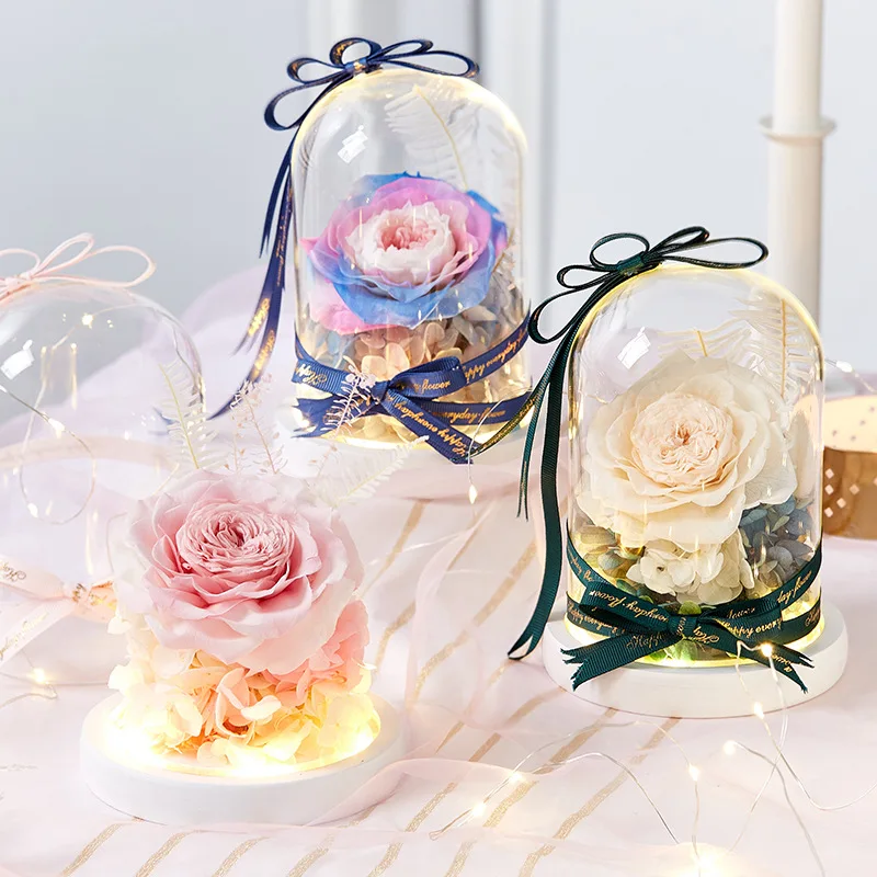 

Dried Flowers Eternal Rose In LED Glass Dome Forever Rose Gift To Girlfriend Valentines Day Mother's Day Wedding Decoration