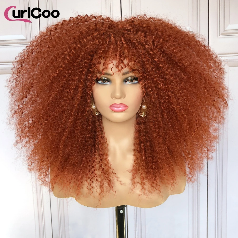 

Short Hair Afro Kinky Curly Wigs With Bangs For Black Women Synthetic African Ombre Glueless Cosplay Blonde Rurple Red Wig