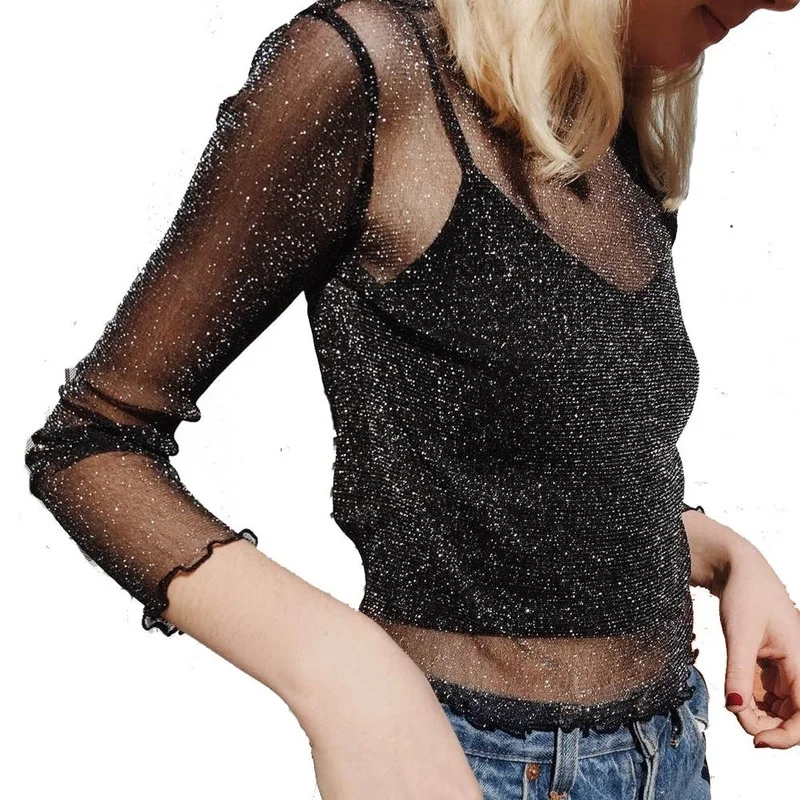 

2021 Women Spring Transparent Club Party Black Tee T-Shirts Sexy Mesh Shiny Long Sleeve T Shirt Sexy O Neck Short Tops Female