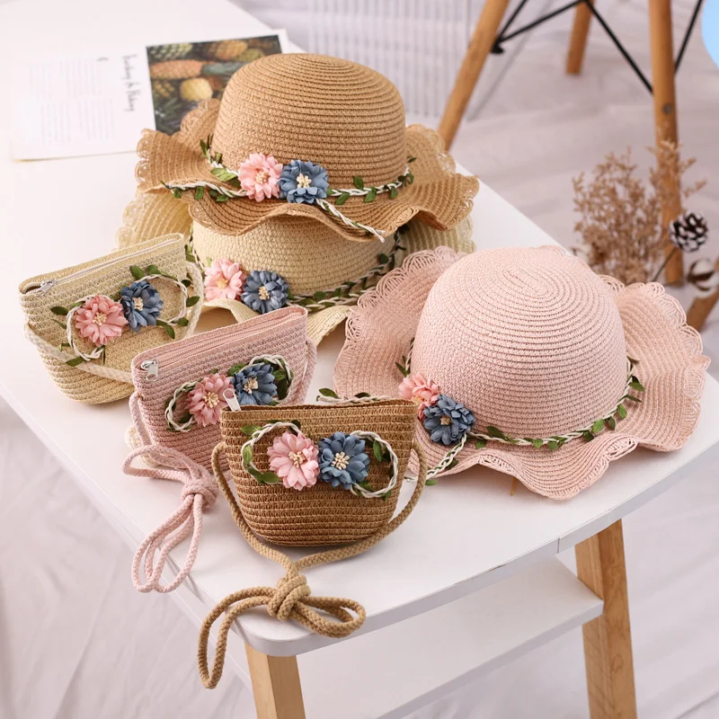 

Соломенная шляпа для маленьких девочек, Панама с козырьком и сумочкой, комплект из 2 предметов, лето