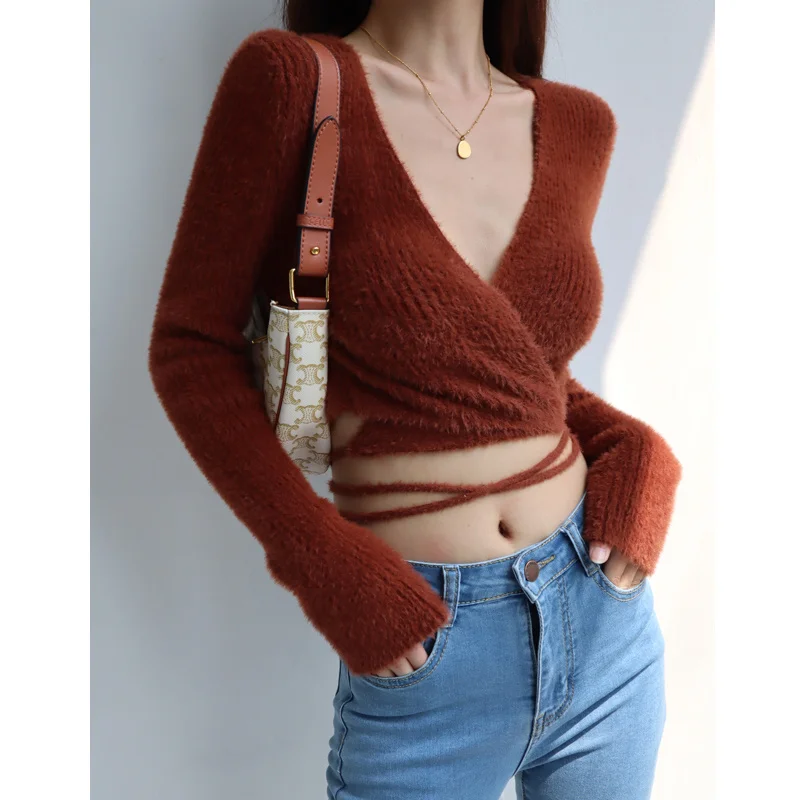 

TVVOVVINEuropean Plush Deep V Neck Cross Sling Design Knit Sweater Sexy Street Style Slim Fit Short Long Sleeve Women VXXS