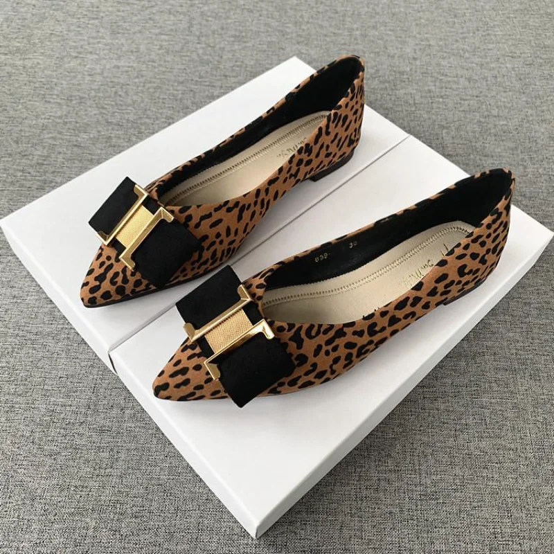 

2023 spring autumn new bow lady shoes leopard print everything matching pointy flat comfortable shallow mouth single shoes women