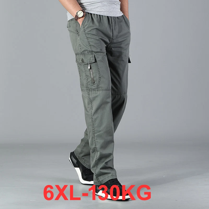 

6XL 130kg Summer Spring Men cargo pants pocket zipper out door big size pants male simple army green pants Straight trousers 48