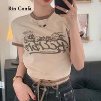 rin confa women sexy spice girl thin crop tops american retro style waist frenulum t shirt summer printing short sleeves tops