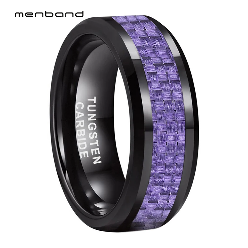 

6mm 8mm Black Tungsten Carbide Rings for Men Women Wedding Band Purple Carbon Fiber Inlay Fashion Jewelry Beveled Comfort Fit