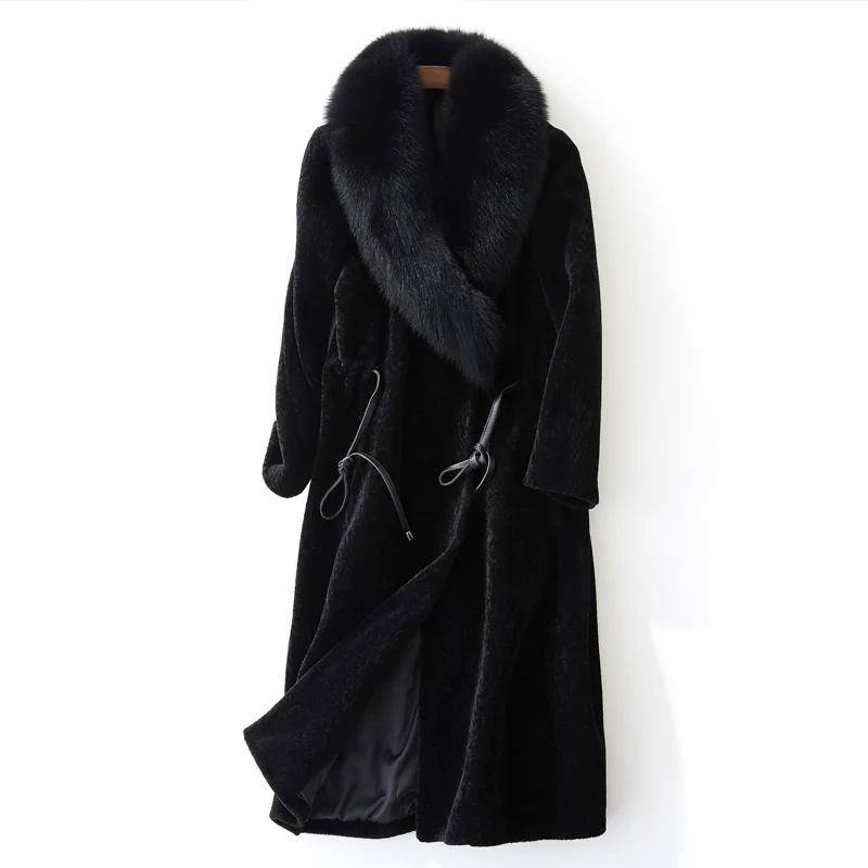 

quality Superior Lambswool Real Fox Collor Winter Women Coat Sheep Shearing Fur Long Korean Wool Jacket