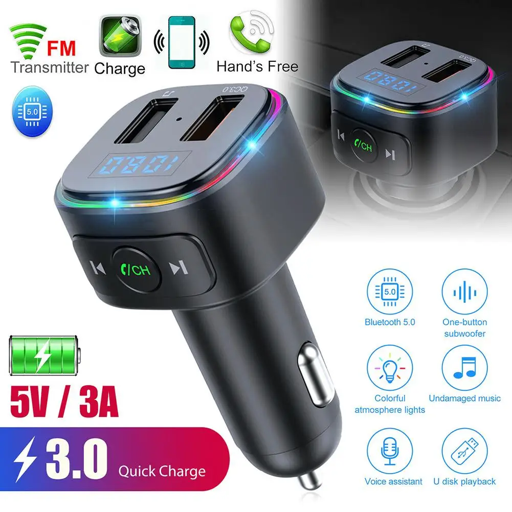 

Автомобильное зарядное устройство с Bluetooth, Usb, Fm-трансмиттер, радио, адаптер, mp3-плеер, цветсветильник, быстрая зарядка Qc3.0