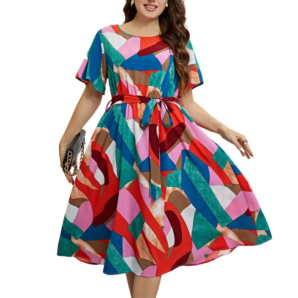 

Lady Belted Waist Dress Bright Color Round Neck Short Sleeves Belted A-line Midi Dress for Women Flattering Tight for Dating