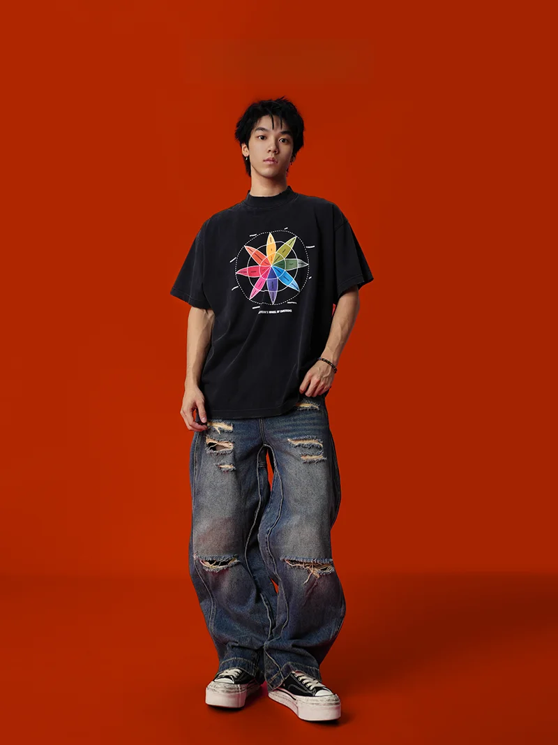 Мужская и женская футболка с промытым отверстием профилем 300G 24ss Rainbow Compass Ld700