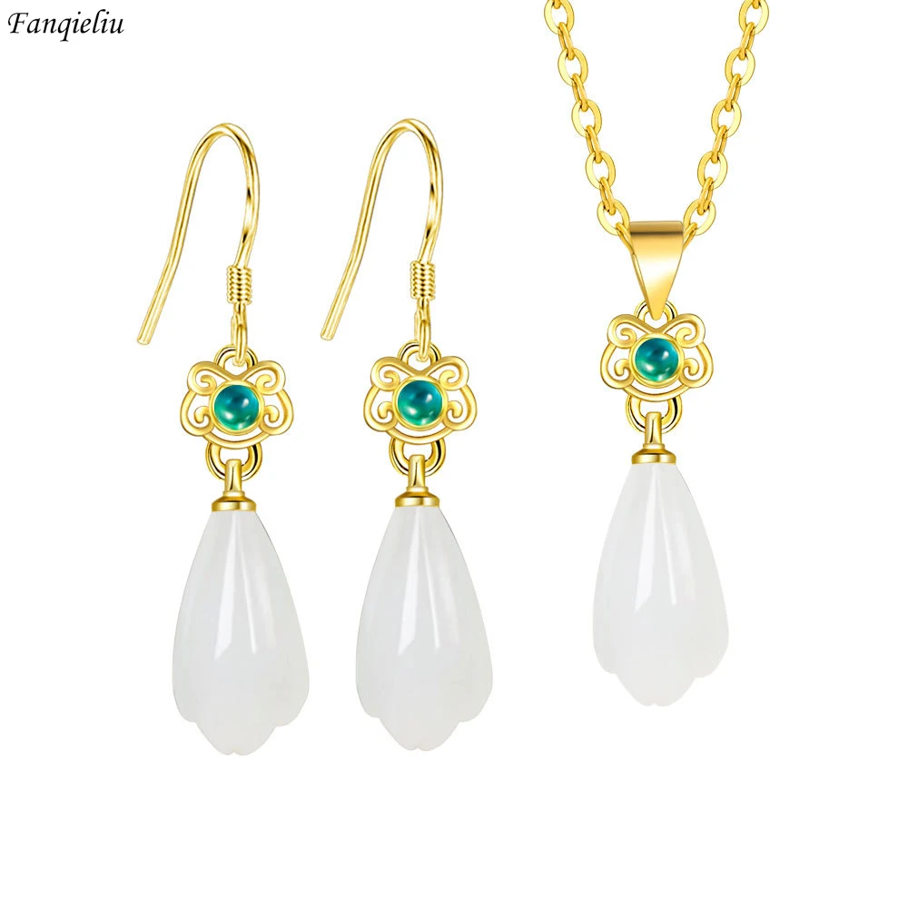 

Fanqieliu 925 Silver Needle Crystal Drop Earrings Gold Color Opal Pendant Necklace Jewelry Sets For Women Vintage New FQL22248