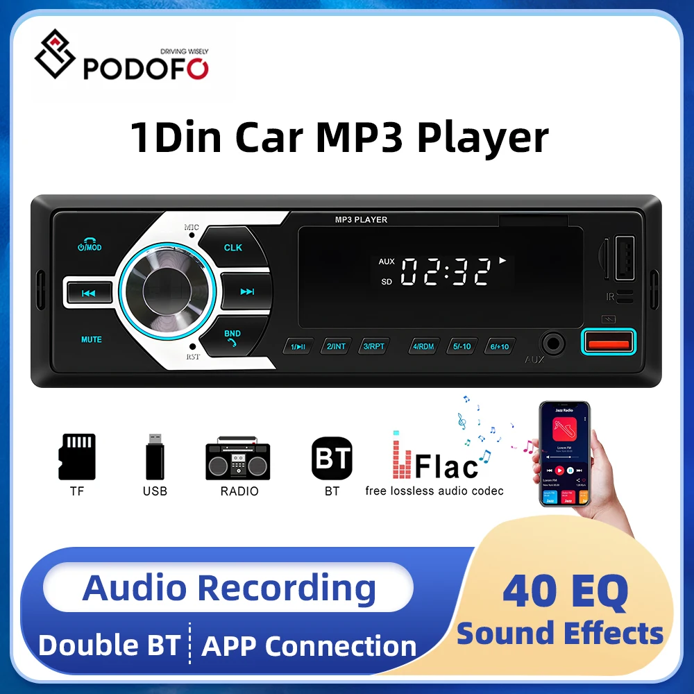 

Автомагнитола Podofo, Универсальная автомобильная стерео-система с поддержкой Bluetooth, FM-радио, MP3 плеером, USB/SD/фото, с возможностью установки в мобильном приложении, Типоразмер 1DIN